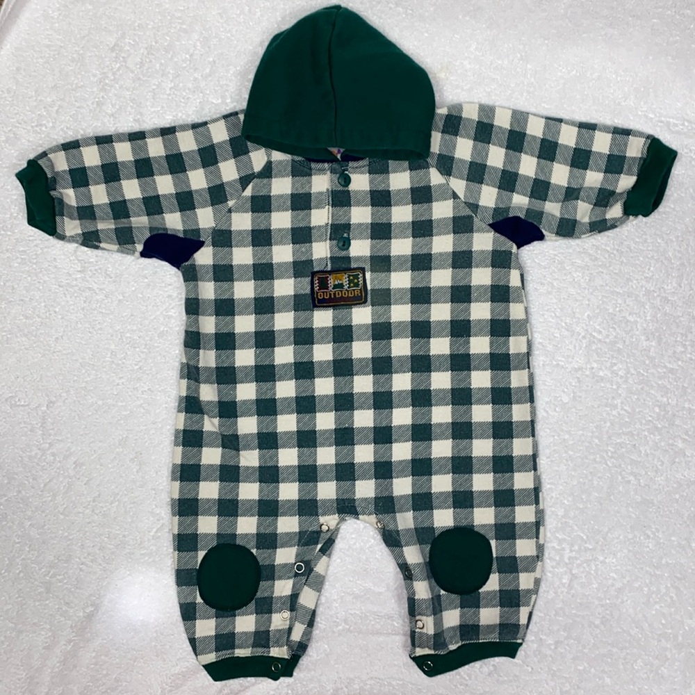 5/$20 Vintage 90’s kids n more green white checked hooded romper 12m